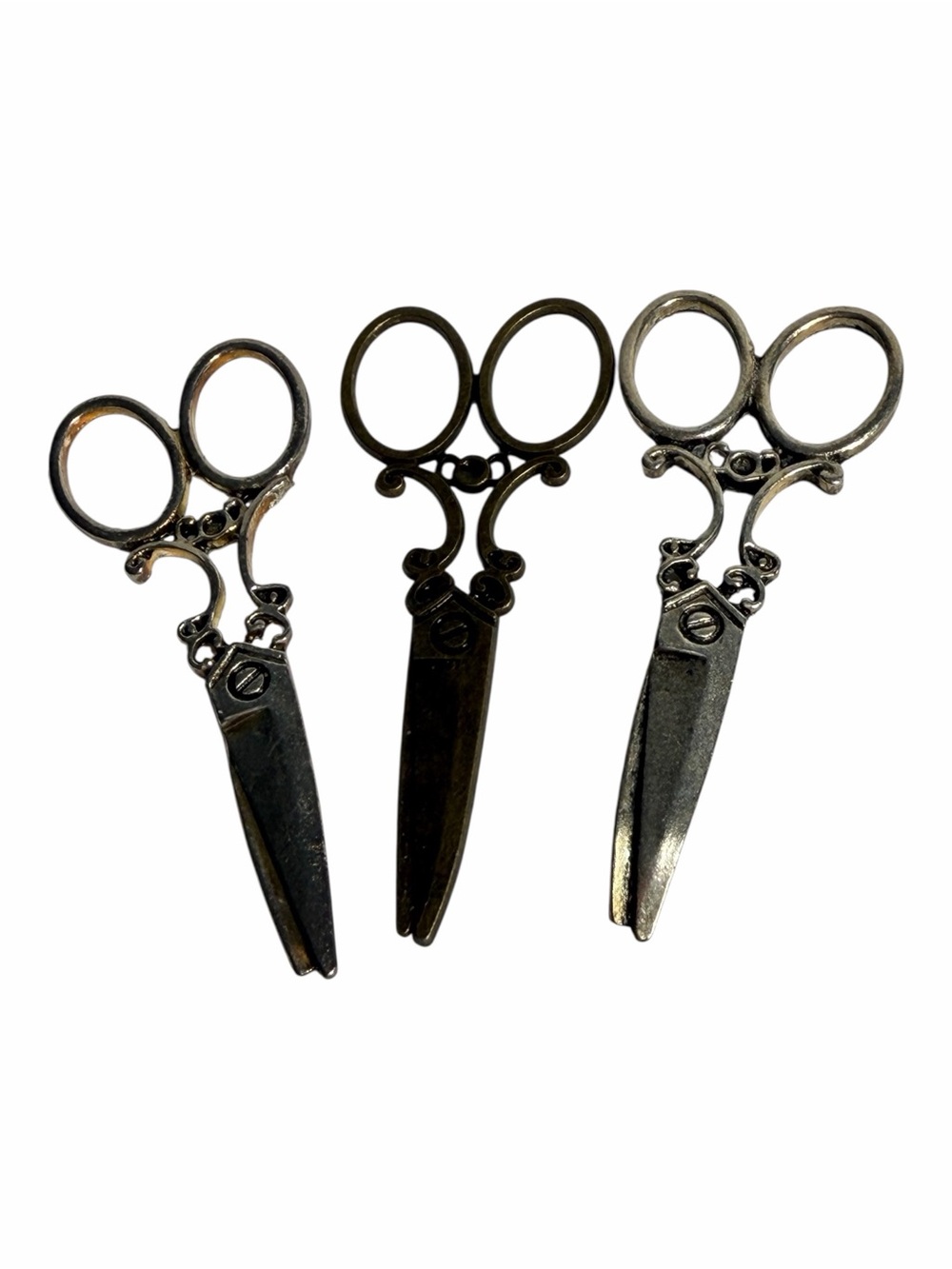 Scissors Shaped Pendant Charms Crafts 3 Pc Silver & Brass Toned